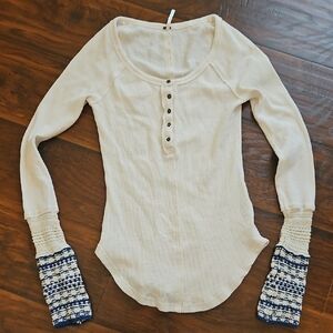 Free People Cream Waffle Henley with Navy Patterned Cuffs